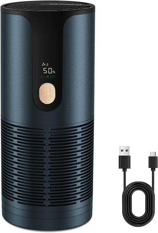 Portable Small Car Air Purifier | HEPA Mini Air Purifier for Car/Desk/Travel,USB Rechargeable,15dB Quiet,LCD Display,Filters Odors/Smoke/Dust