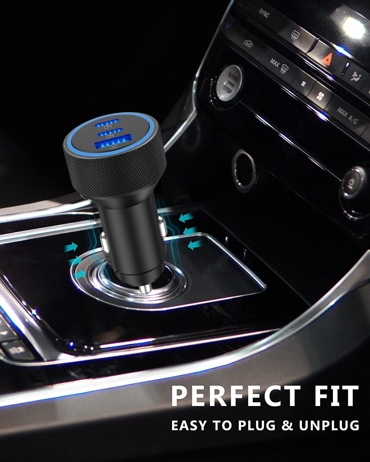 USB C Car Charger, 3-Port 67W Super Fast Charging Dual USB-C & USB-A Car Charger Accessories Cigarette Lighter Adapter