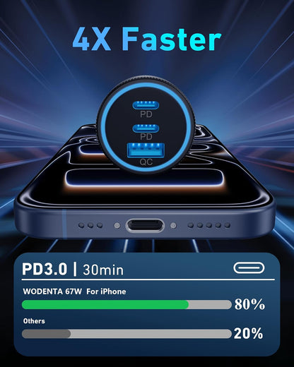 USB C Car Charger, 3-Port 67W Super Fast Charging Dual USB-C & USB-A Car Charger Accessories Cigarette Lighter Adapter