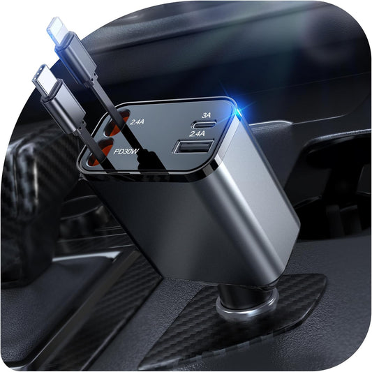 69W Retractable Car Charger, 4-in-1 Fast Car Phone Charger with 2.6ft Two Retractable Cables and Car Charging Block Cube, Compatible
