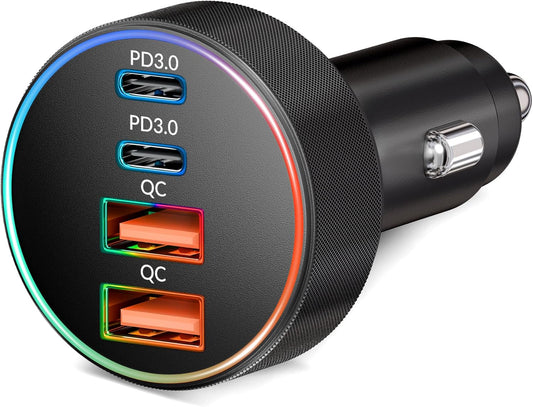 Car Charger USB C, 4-Port 90W Super Fast Charging Car Phone Charger Accessories Dual USB-C & USB-A Cargador Carro Cigarette Lighter Adapter