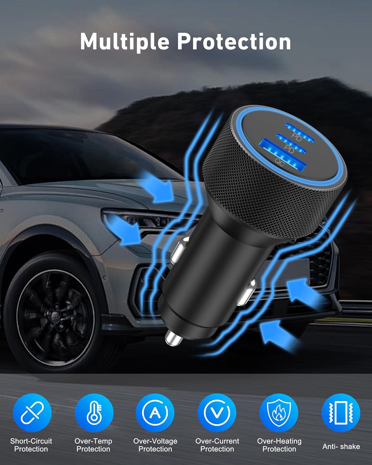 USB C Car Charger, 3-Port 67W Super Fast Charging Dual USB-C & USB-A Car Charger Accessories Cigarette Lighter Adapter