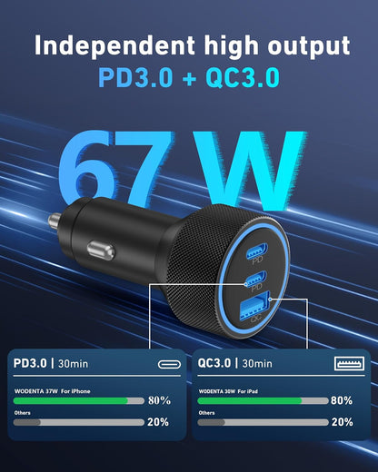 USB C Car Charger, 3-Port 67W Super Fast Charging Dual USB-C & USB-A Car Charger Accessories Cigarette Lighter Adapter