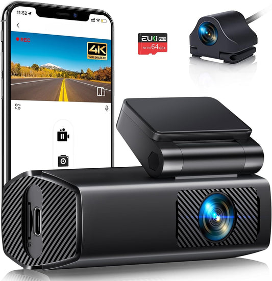 Dash Cam Front and Rear, 4K/2.5K UHD Dash Camera for Cars,Dashcam Built-in WiFi, Free 64GB Card, Night Vision, 170°Wide Angle, 24H Parking Mode
